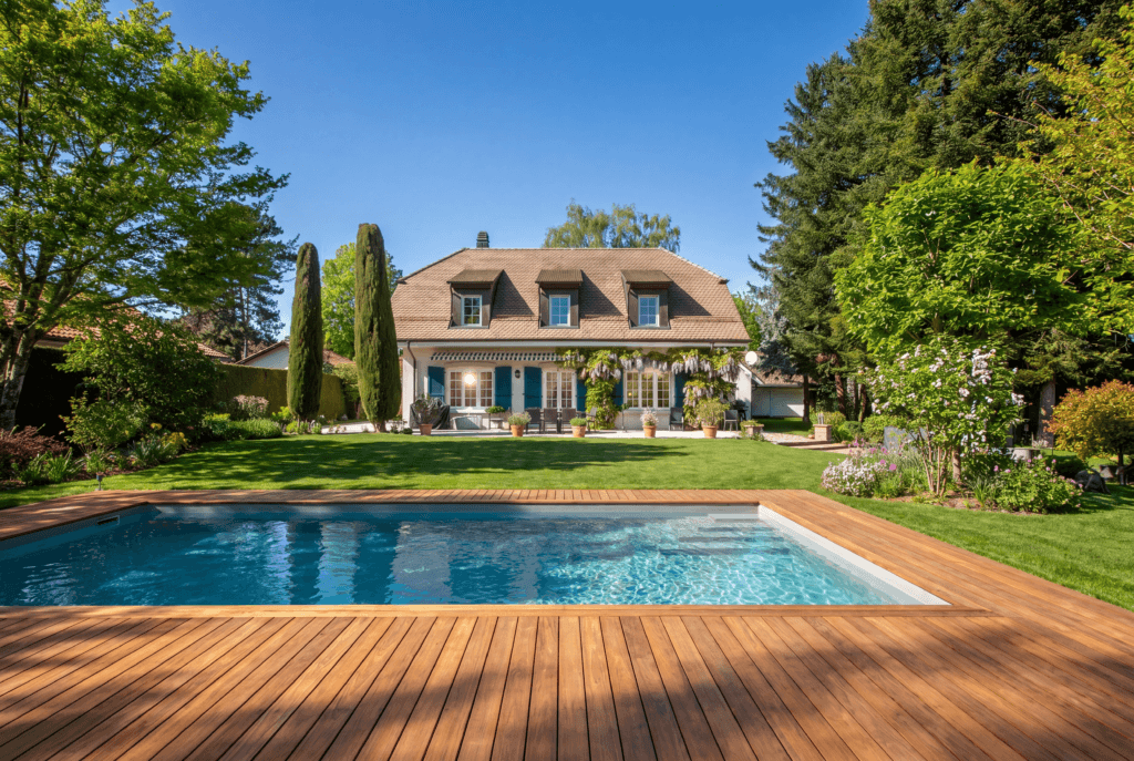 Vue extérieure d’une maison familiale avec piscine, terrasse en bois et grand jardin arboré à Coppet