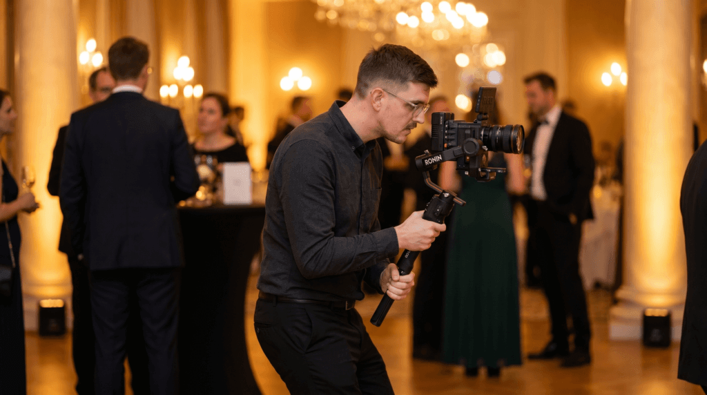 Vidéaste professionnel filmant un gala avec une caméra cinéma sur stabilisateur Ronin dans une salle aux éclairages dorés
