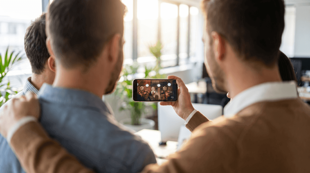 Deux collaborateurs vus de dos dans un bureau moderne regardant un after-movie événementiel sur un smartphone
