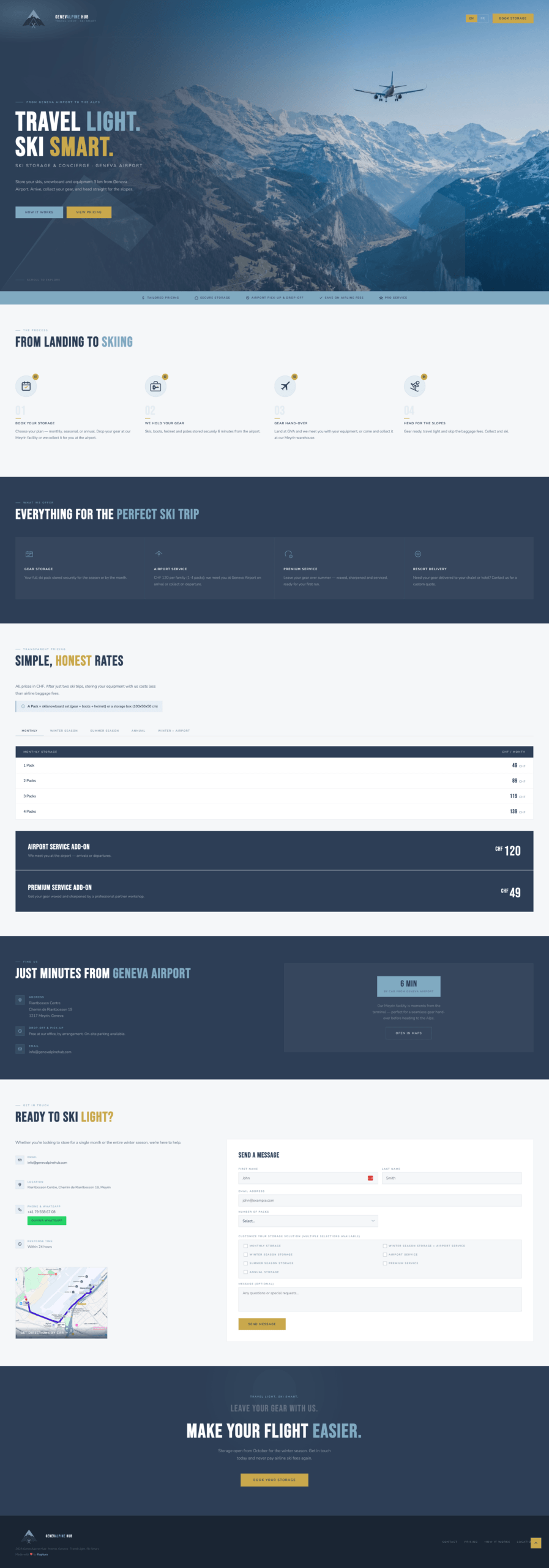 Desktop screenshot of the GenevAlpine Hub website, a ski concierge and equipment storage service in Geneva