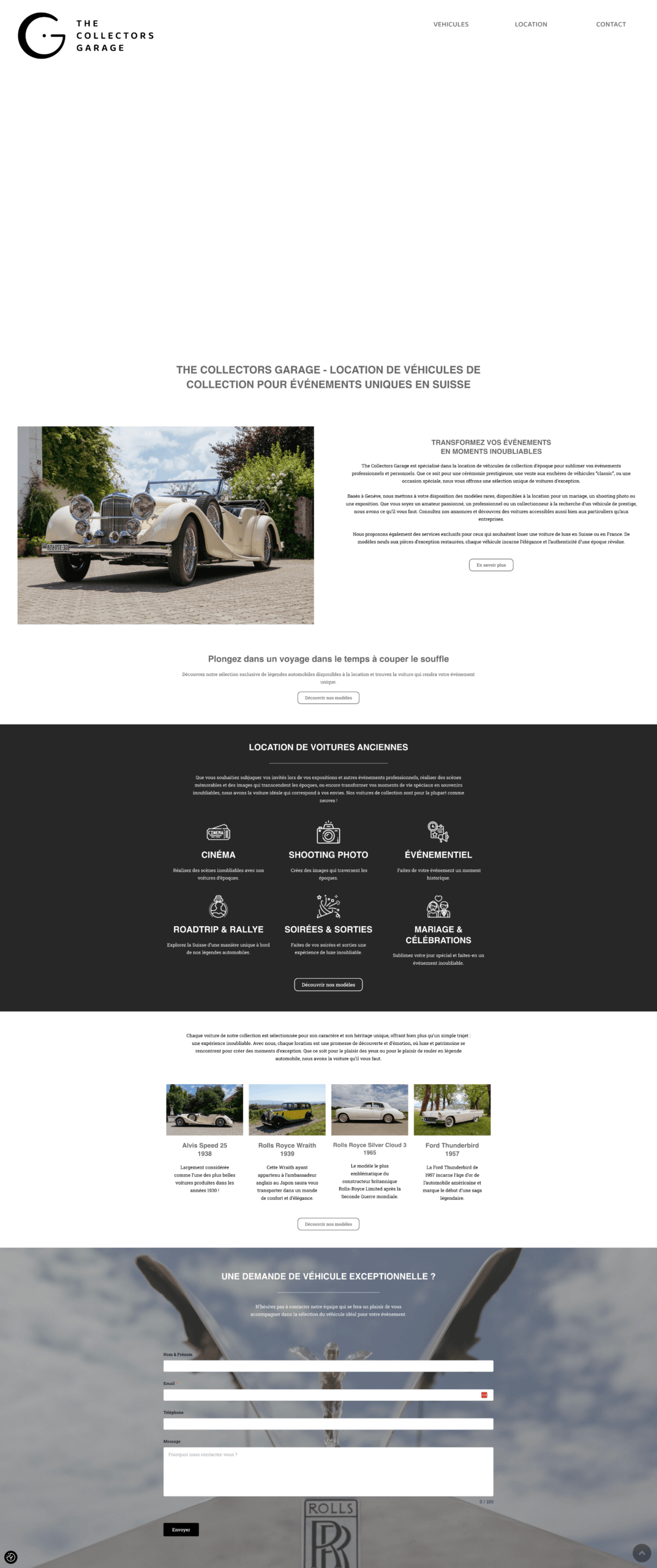 Desktop screenshot of The Collectors Garage website dedicated to classic vehicle rental for events in Switzerland